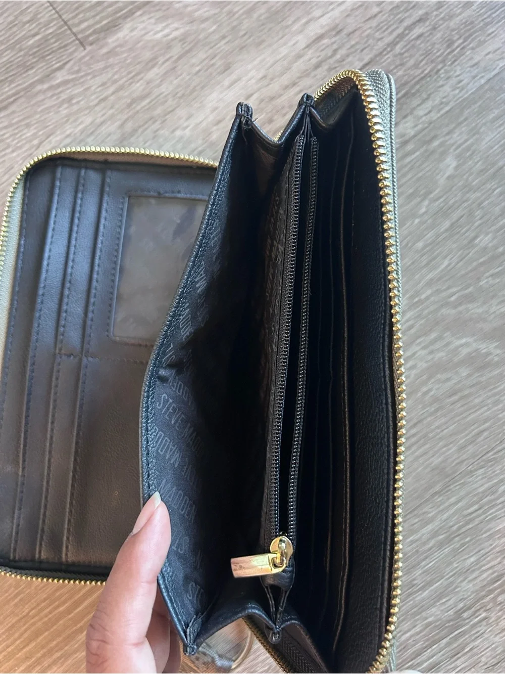 Steve Madden Olive Sage Green Saffiano Leather Zip Around Wallet Wristlet